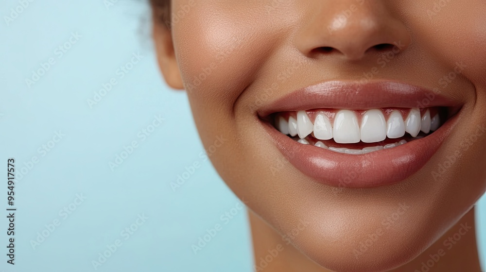 Fototapeta premium A close-up of a woman's bright white smile with perfectly aligned teeth, set against a light blue background, symbolizing dental care and confidence.