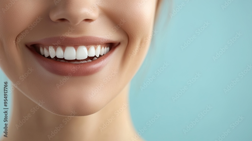 Fototapeta premium A close-up of a woman's radiant smile with perfectly white teeth, set against a smooth light blue background, symbolizing health and confidence.