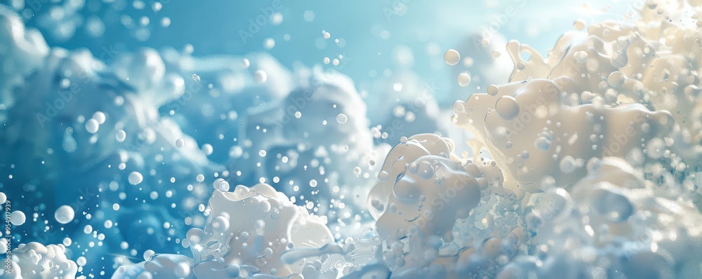 Artistic illustration of flowing blue and white waves resembling ocean foam. Free copy space for text.
