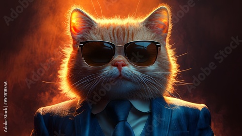 Cool Cat in Suit and Sunglasses with Orange Smoke Background