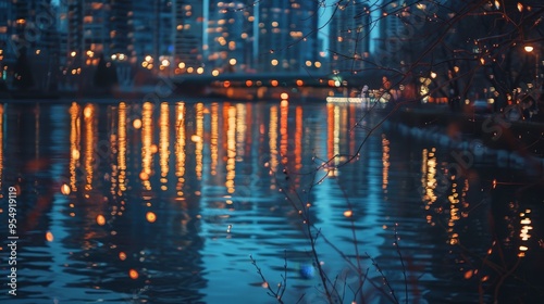 The ambient glow of the city lights reflected on the calm surface of the river, creating a mesmerizing and tranquil scene.