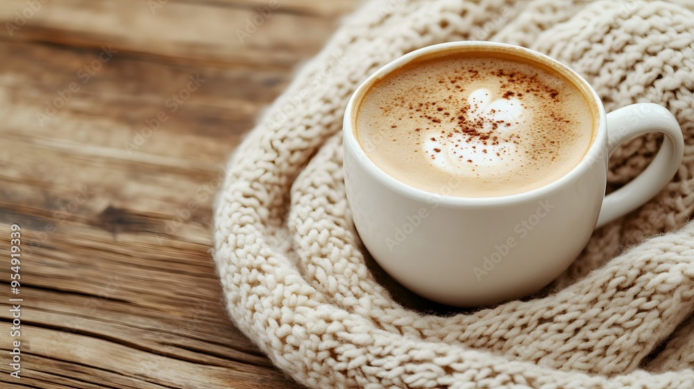 Cozy Coffee Cup with Warm Scarf on Wooden Table Cozy Coffee Cup with Warm Scarf on Wooden Table