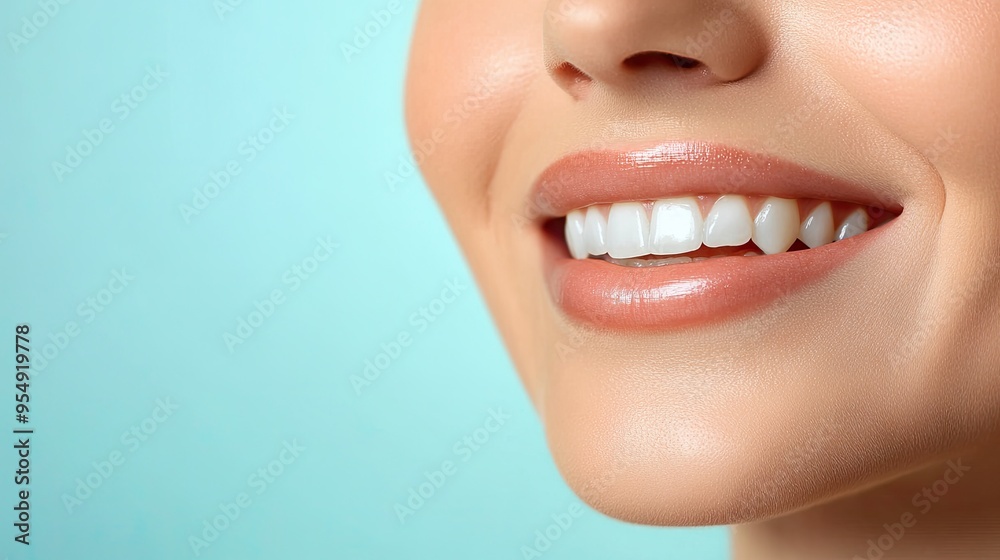 A detailed close-up of a woman's beautiful smile, showcasing her bright white teeth against a soft light blue background. A detailed close-up of a woman's beautiful smile, showcasing her bright white teeth against a soft light blue background.