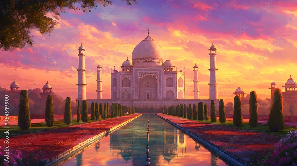 Obraz premium 115. **Illustrate the Taj Mahal during a vibrant sunset with its marble reflecting the colorful sky and the lush gardens around it.**