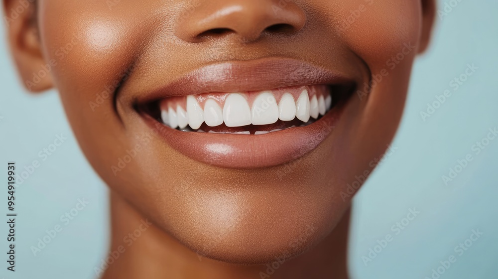 A detailed close-up of a woman's radiant smile, featuring perfectly aligned white teeth, with a soft light blue background. A detailed close-up of a woman's radiant smile, featuring perfectly aligned white teeth, with a soft light blue background.