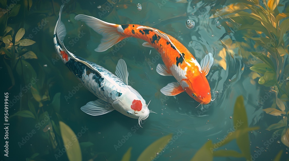 Fototapeta premium Two Koi Fish Swimming in a Pond.