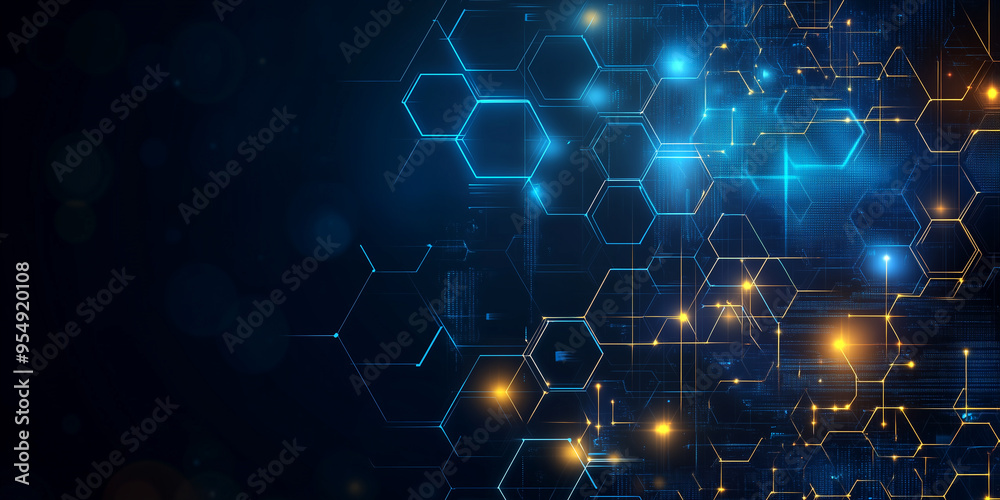 Abstract hexagonal pattern with glowing blue lights in a dark background conveying a sense of technology and innovation. Generative AI. Abstract hexagonal pattern with glowing blue lights in a dark background conveying a sense of technology and innovation. Generative AI.