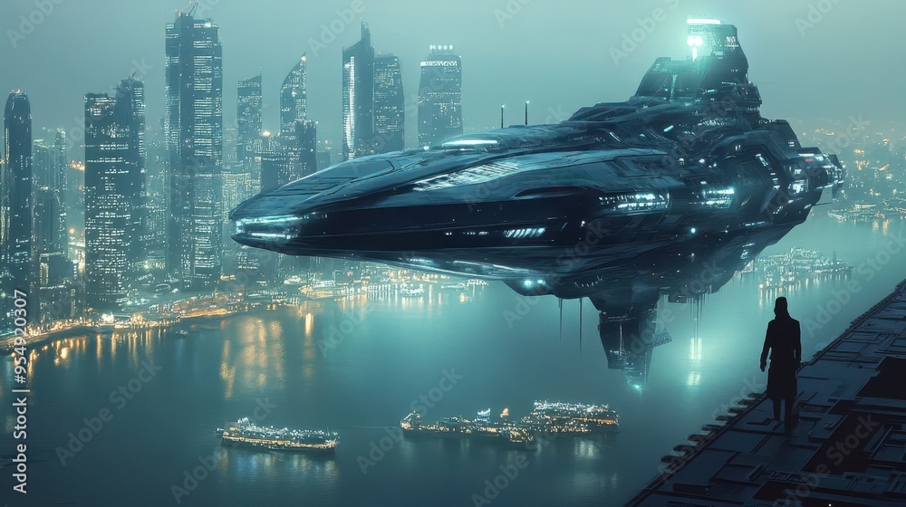 Futuristic Cityscape and Mysterious Spacecraft Futuristic Cityscape and Mysterious Spacecraft