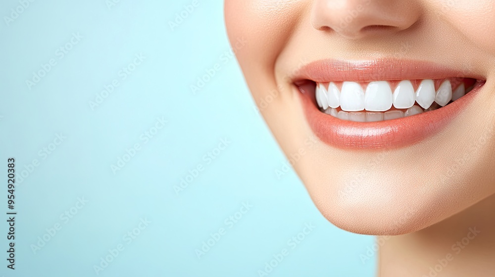 Obraz premium A detailed image of a woman's radiant smile with perfectly aligned white teeth, set against a soft light blue background.