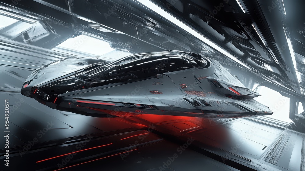 Fototapeta premium Futuristic Spacecraft in Sleek Hangar