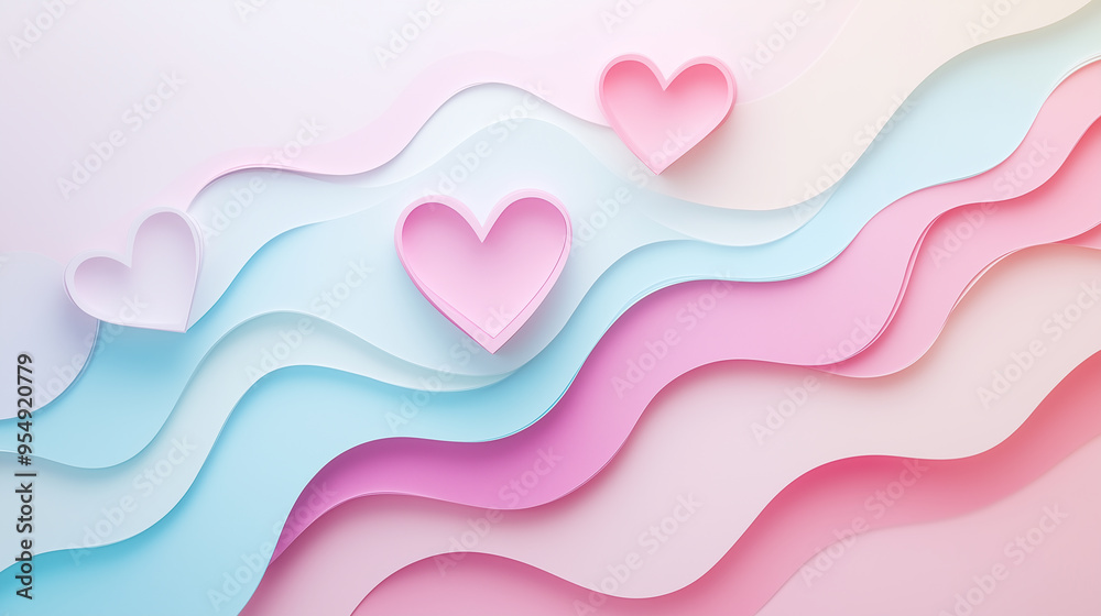 Colorful paper hearts floating on layered waves of pastel pink and blue, creating a serene and romantic atmosphere. Generative AI. Colorful paper hearts floating on layered waves of pastel pink and blue, creating a serene and romantic atmosphere. Generative AI.