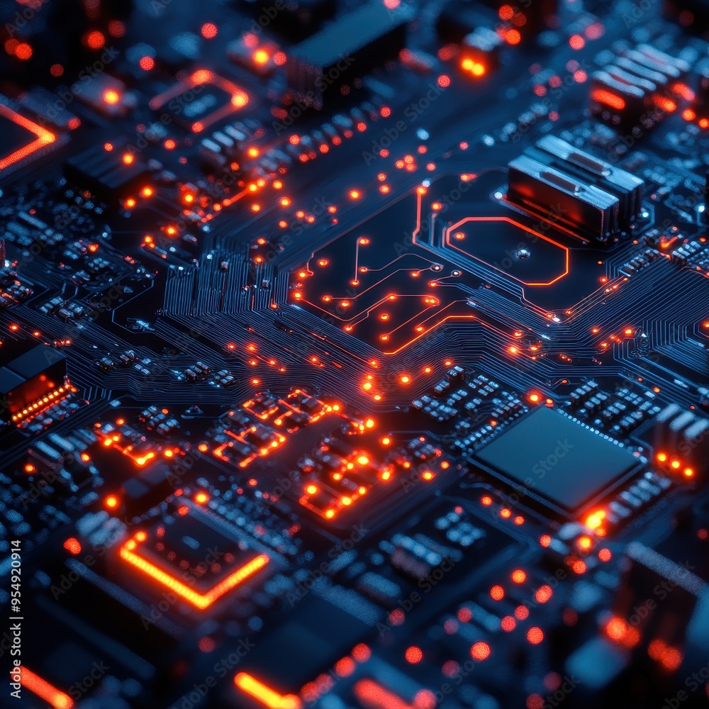 Closeup of a Circuit Board with Red LED Lights - Technology Background Closeup of a Circuit Board with Red LED Lights - Technology Background