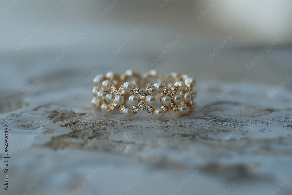 The Gothic style ring with small pearls, reflecting architectural influence, is set against a minimalist background. The Gothic style ring with small pearls, reflecting architectural influence, is set against a minimalist background.