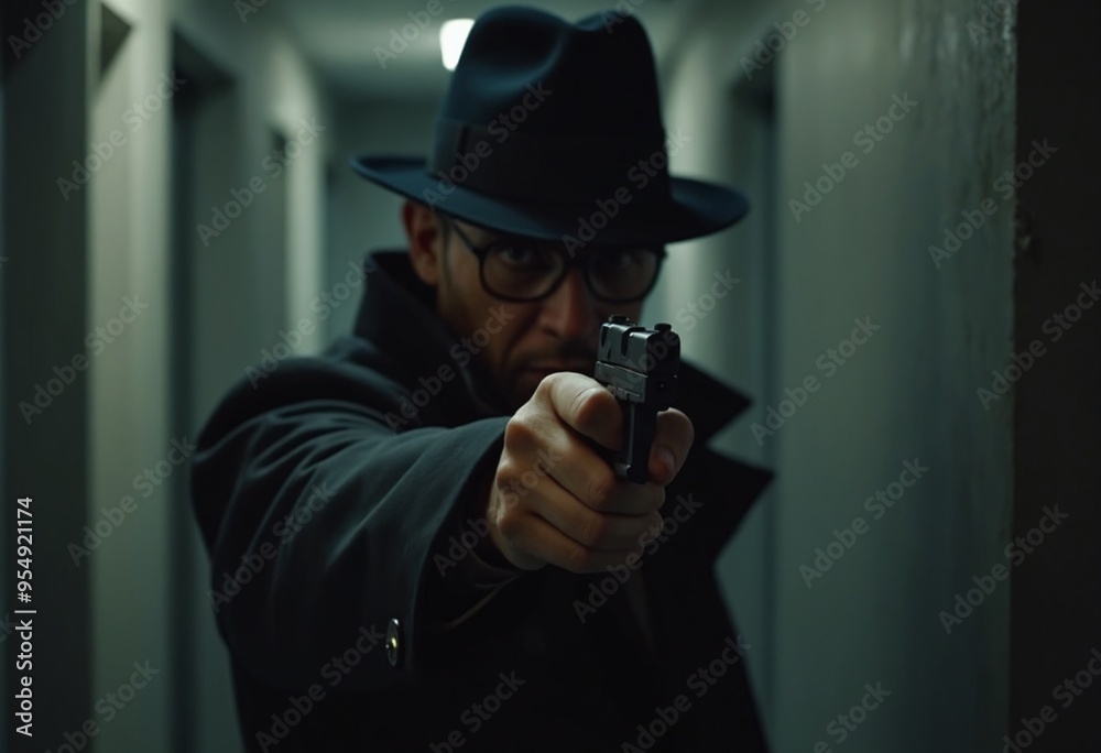 A noir dramatic scene of a detective pointing his gun at the viewer A noir dramatic scene of a detective pointing his gun at the viewer