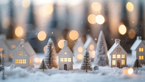 White christmas village houses and trees decorations, light lights in the background, snowy festive landscape, winter snow on the ground