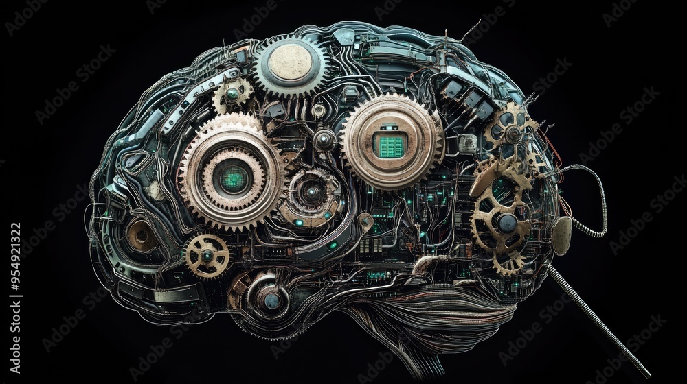 A futuristic brain design with gears, wires, and circuits, symbolizing the integration of AI and machine learning into modern technology. A futuristic brain design with gears, wires, and circuits, symbolizing the integration of AI and machine learning into modern technology.