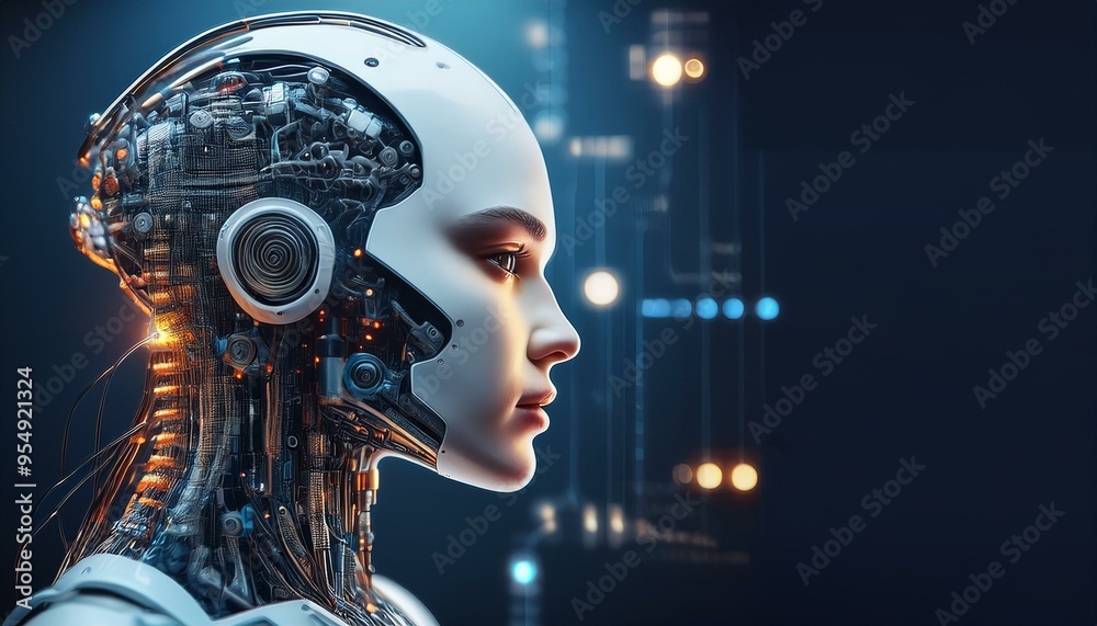 futuristic image of a humanoid robot in profile, showing off complex mechanical and electronic components. futuristic image of a humanoid robot in profile, showing off complex mechanical and electronic components.