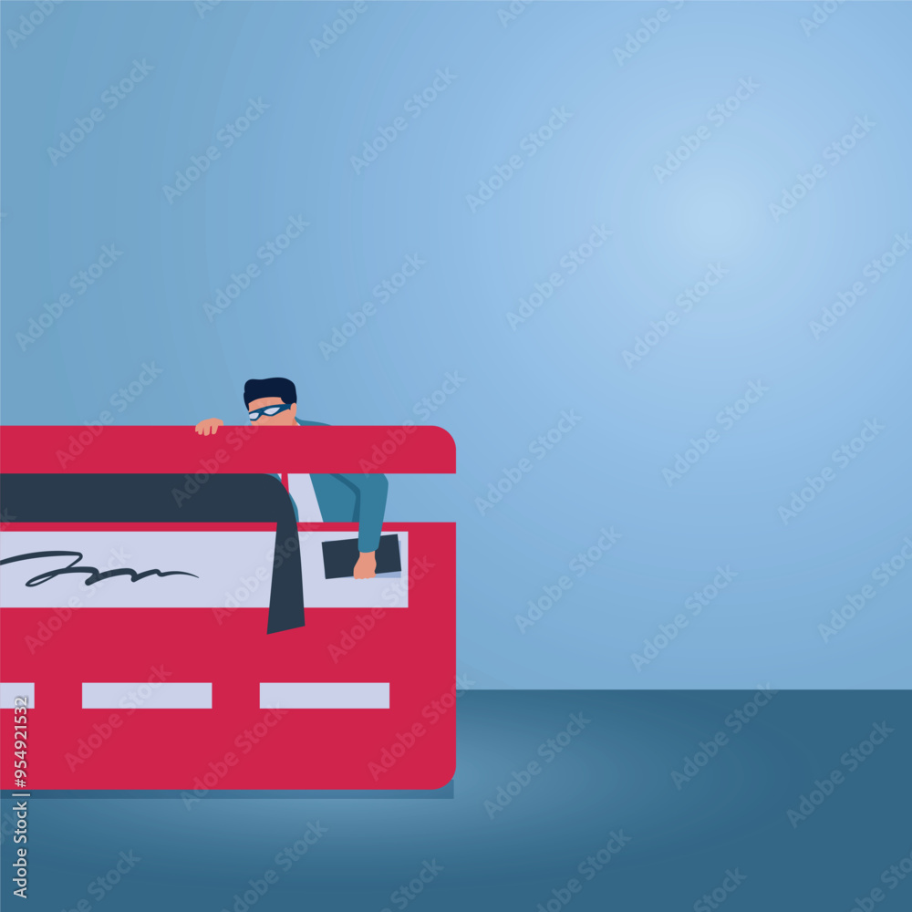 A man takes the CVV from a credit card, illustration of credit card fraud. A man takes the CVV from a credit card, illustration of credit card fraud.