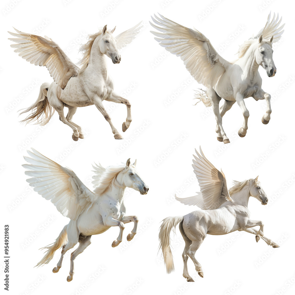 Set of majestic white Pegasus horses soaring in flight, cut out