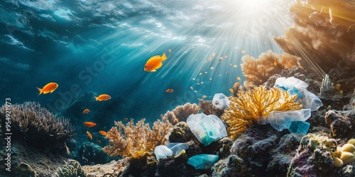 Vibrant underwater coral reef scene affected by plastic pollution, fish swimming near debris, sunlight filtering through water, environmental concern, selective focus
 photo