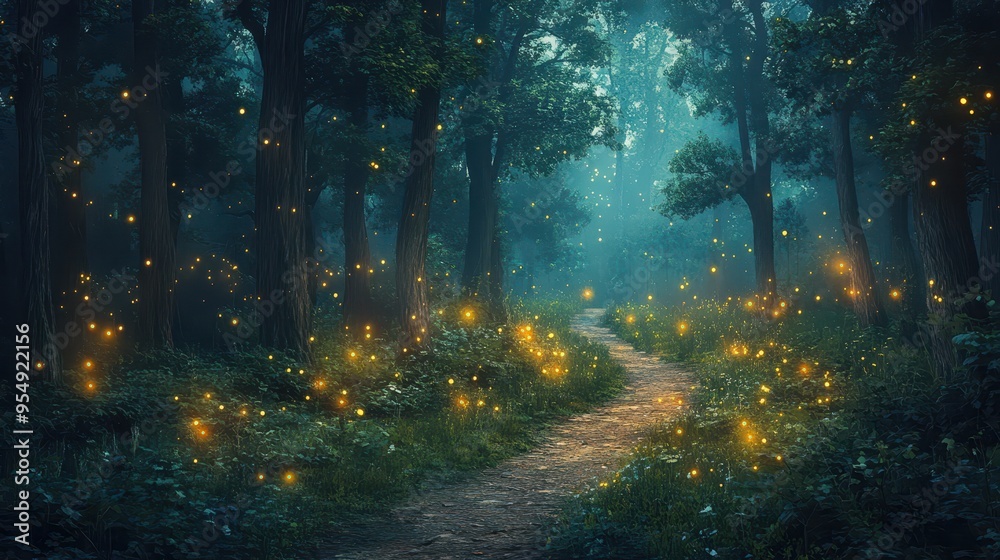 Enchanting Forest Path with Fireflies at Night. Enchanting Forest Path with Fireflies at Night.