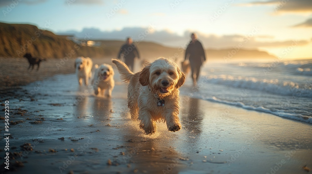 A group of friends playing with their dogs on a sandy beach A group of friends playing with their dogs on a sandy beach