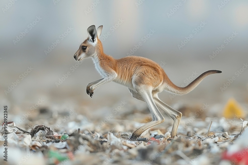 A young red kangaroo hopping over debris in a wasteland
