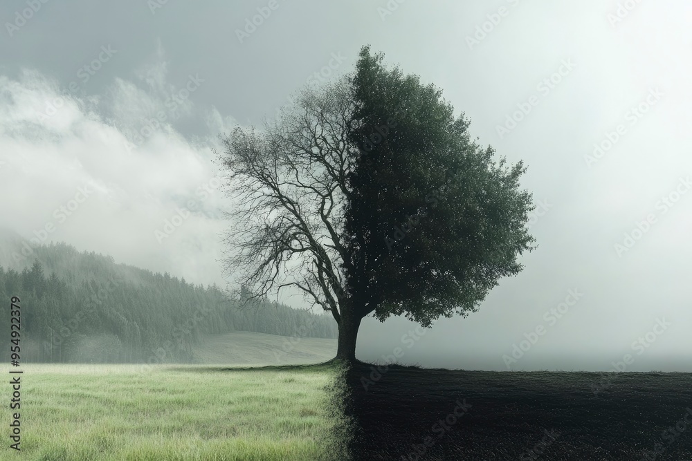 Striking Duality A Single Tree Illustrates the Contrast of Climate Change , ai Striking Duality A Single Tree Illustrates the Contrast of Climate Change , ai