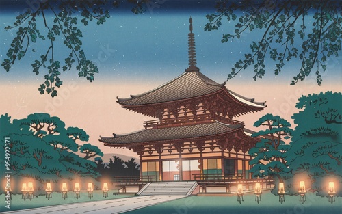 Wallpaper Mural Tranquil Japanese Woodblock of Temple at Twilight with Lanterns Torontodigital.ca