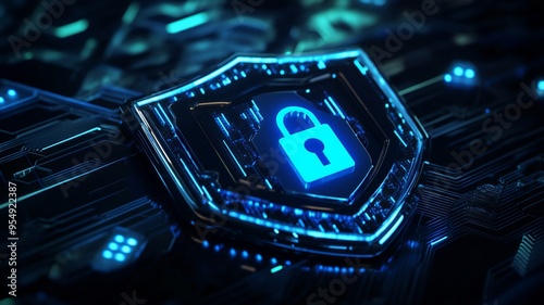 a shield with a glowing blue lock inside symbolizing cybersecurity