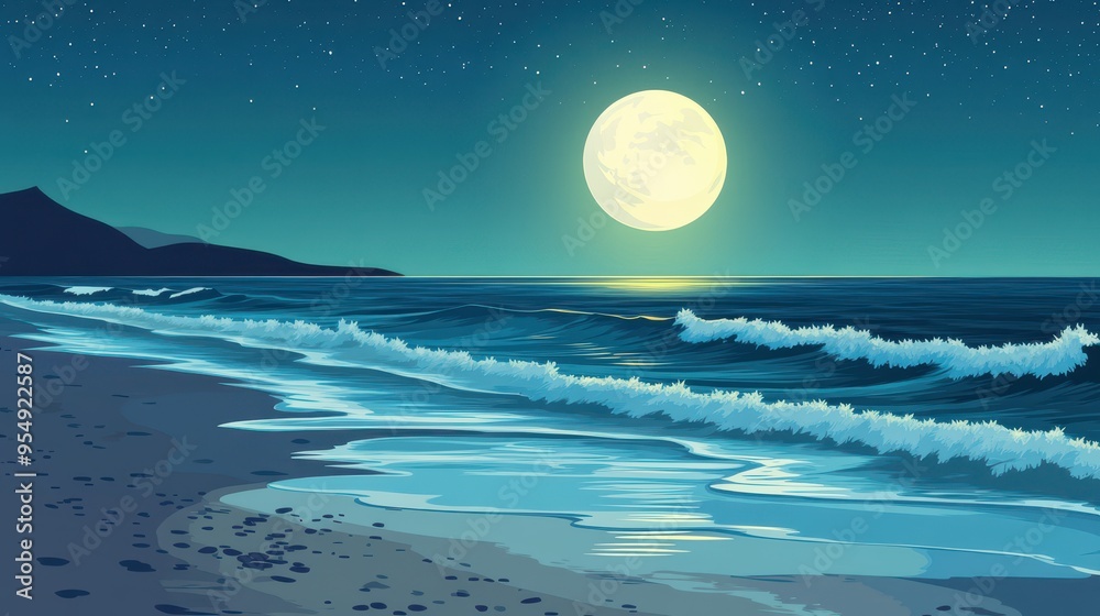 Peaceful Nighttime Ocean Scene with Full Moon and Starry Sky - Illustration Peaceful Nighttime Ocean Scene with Full Moon and Starry Sky - Illustration
