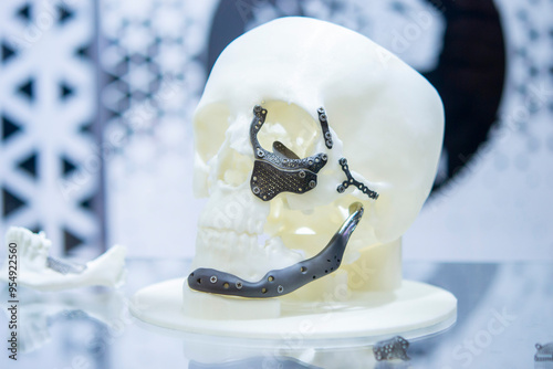 Prototype of human skull from white plastic with titanium implants in form of plates and surgical templates printed on 3D printer. Biointegrated prosthesis. Medicine medical
