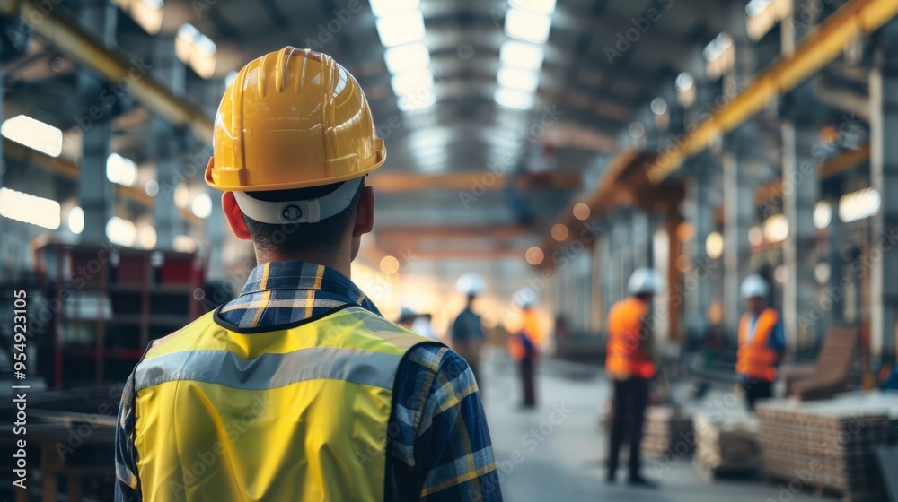A man in a yellow vest and a hard hat stands in a large industrial building A man in a yellow vest and a hard hat stands in a large industrial building