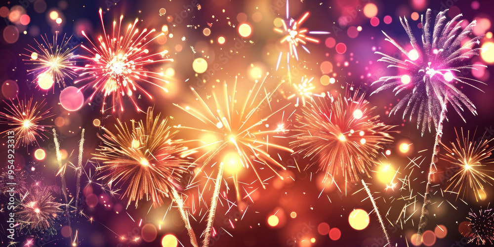 Fototapeta premium Background of stars and galaxies, with soft bokeh lights creating an ethereal festive christmas atmosphere. Backdrop would be perfect for sci-fi or fantasy-themed party new years designs.