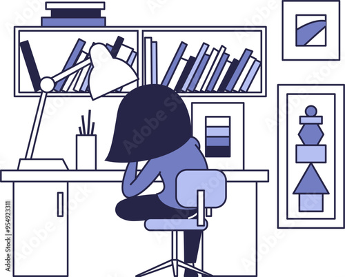 The girl is sitting at a desk. The process of work and learning.