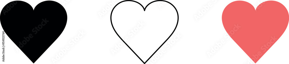 Collection of heart. Love symbol icon set on white background. Black, white and red. Collection of heart. Love symbol icon set on white background. Black, white and red.