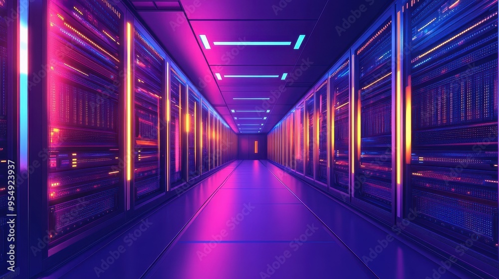 Fototapeta premium Neon Lit Server Room Corridor - Futuristic Technology Concept.