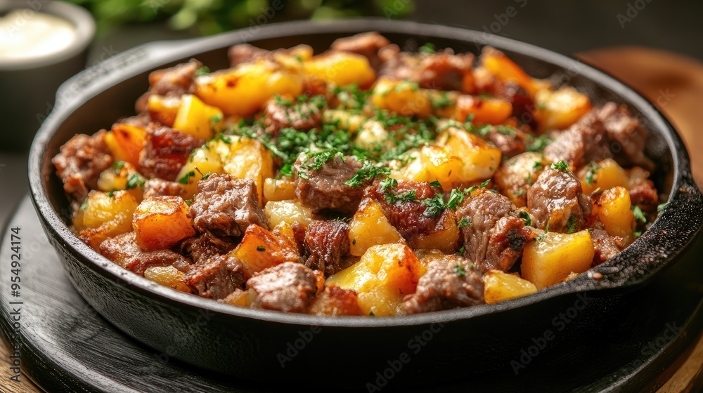 A close-up of a delicious dish of potatoes and meat. This photo is perfect for illustrating recipes or articles about home-cooked meals. A close-up of a delicious dish of potatoes and meat. This photo is perfect for illustrating recipes or articles about home-cooked meals.