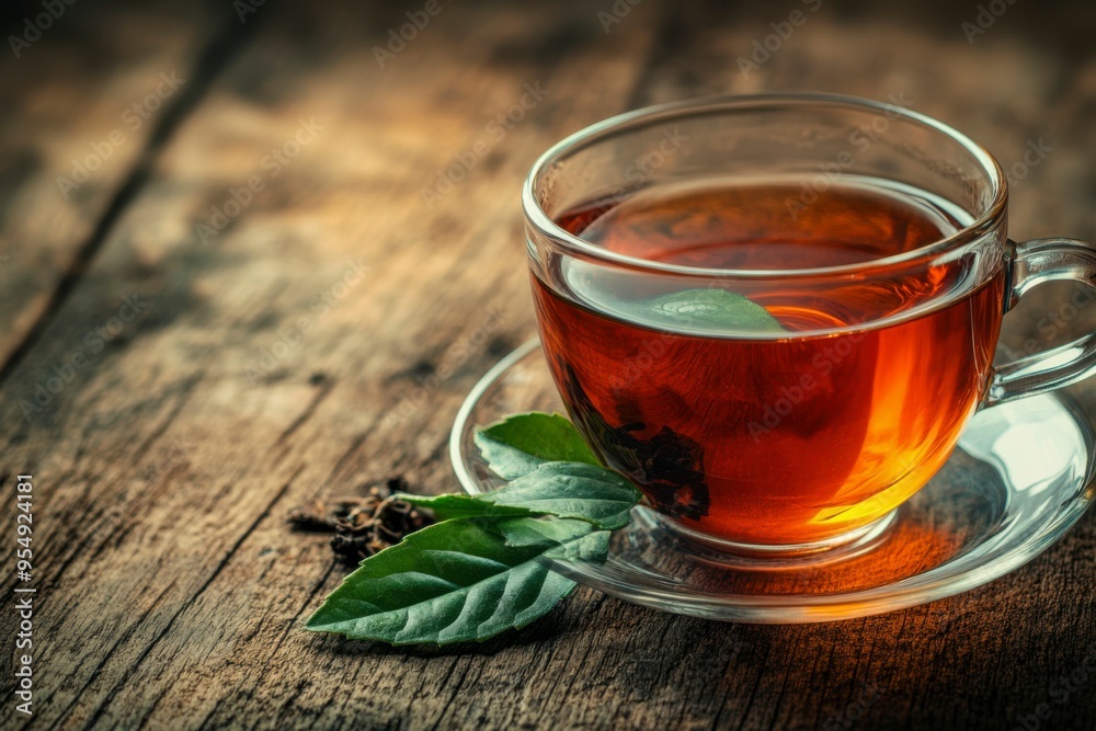 A Glass Cup of Black Tea with Green Leaves on Wooden Table A Glass Cup of Black Tea with Green Leaves on Wooden Table