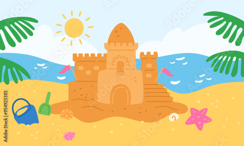 Sand castle on beach. Children building on seashore. Summer games. Sandy stronghold. Bucket and scoop. Sandcastle tower with flag and sea shell. Travel vacation. Garish vector background