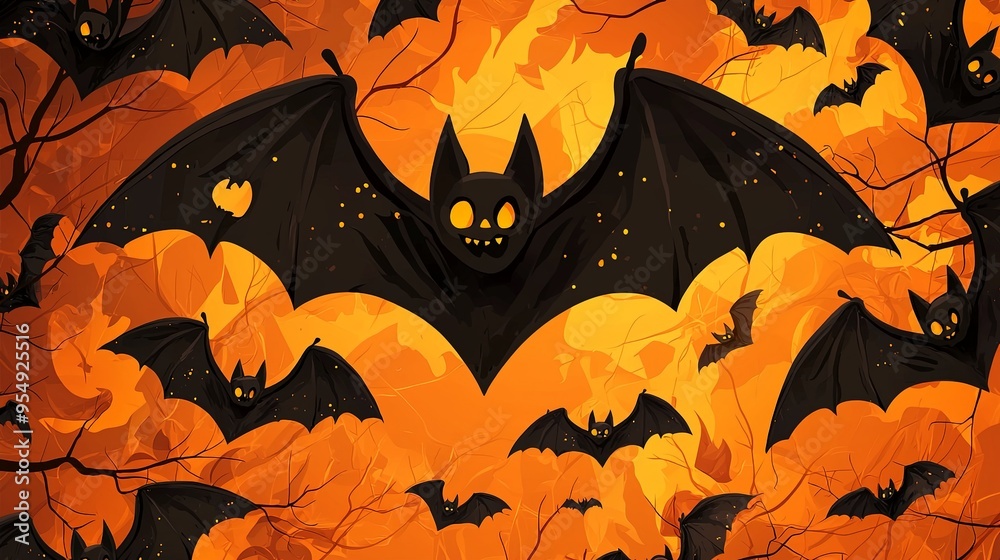 A cheerful illustration of bats flying against a glowing orange background, bringing a mix of spookiness and fun that's perfect for Halloween-themed projects. A cheerful illustration of bats flying against a glowing orange background, bringing a mix of spookiness and fun that's perfect for Halloween-themed projects.