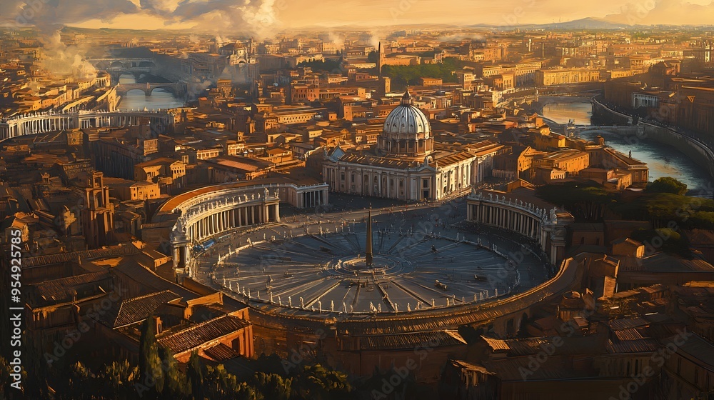 109. **Depict the Vatican City with St. Peter is Basilica and the surrounding historic piazza bathed in sunlight.**