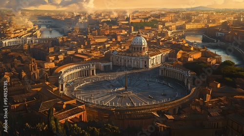 Obraz na płótnie 109. **Depict the Vatican City with St. Peter is Basilica and the surrounding historic piazza bathed in sunlight.** w salonie