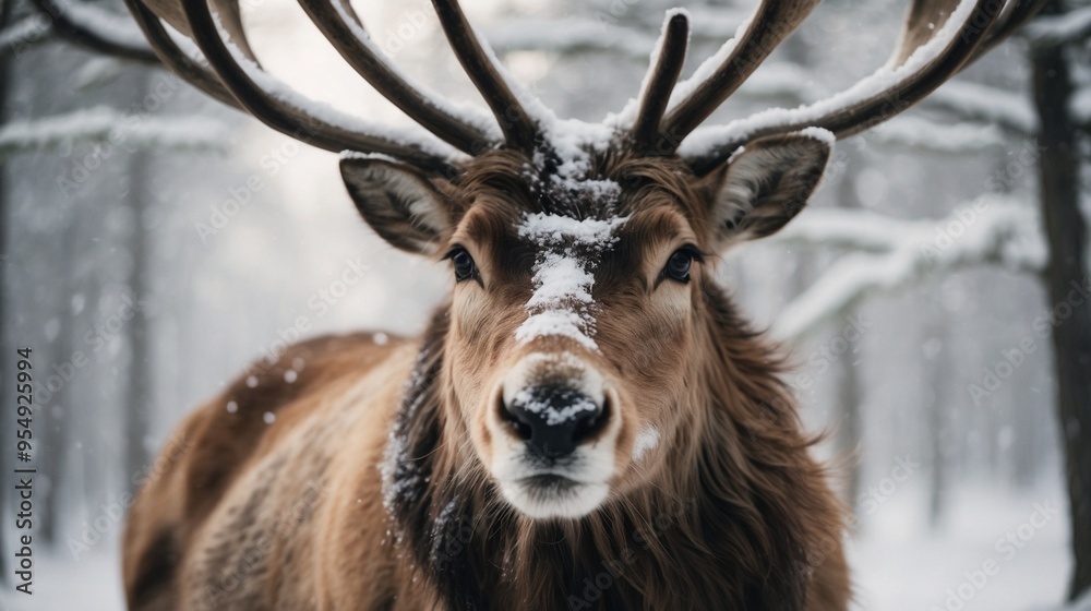 Fototapeta premium Majestic deer with snow-covered antlers gazing intently in wintry forest backdrop