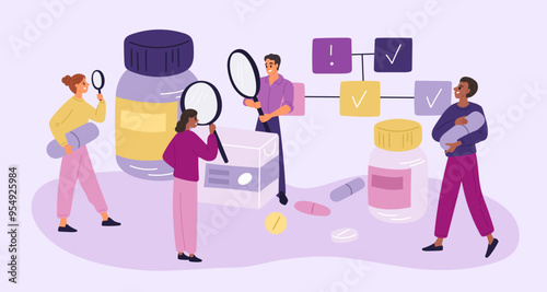 People with magnifying glass. Supervisors group. Pharmaceutical company is studying drugs. Carefully read composition. Pharmacists looking through magnifiers. Garish vector concept