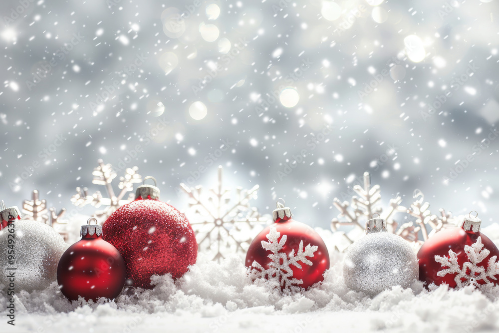Christmas-red ornaments and gifts border on a snowy, isolated white background. Christmas festive red ornaments and gifts on a snow-covered banner, isolated against a white snow background. Christmas-red ornaments and gifts border on a snowy, isolated white background. Christmas festive red ornaments and gifts on a snow-covered banner, isolated against a white snow background.