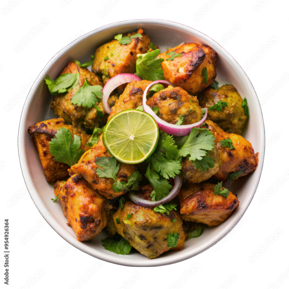 Chicken Hariyali Tikka on white bowl top view isolated on transparent background Chicken Hariyali Tikka on white bowl top view isolated on transparent background