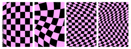 Groovy hippie 70s backgrounds set. Checkerboard, chessboard, mesh, waves, swirl, twirl pattern. Twisted and distorted vector texture in trendy retro psychedelic style.