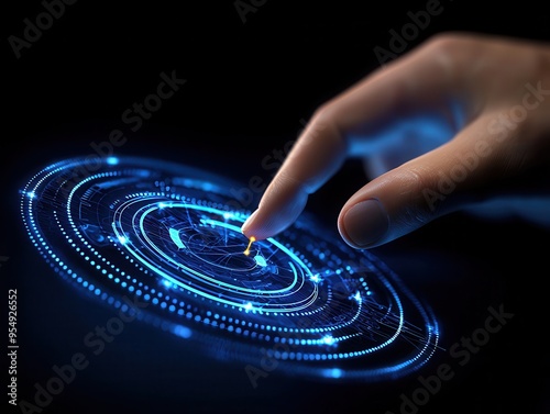 A hand interacts with a glowing digital interface, showcasing futuristic technology and innovative design in a cosmic setting.