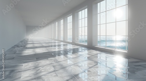 Bright sunlight reflects off a serene ocean view through large windows in a minimalist coastal room at dawn. Generative AI